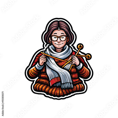 A cartoon woman with glasses is knitting a white scarf with two needles in hand.