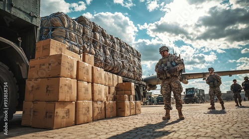Soldiers guarding military cargo plane being loaded with supplies
