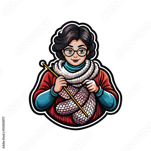 A woman with glasses and dark hair is knitting a pink and white scarf with knitting needles in her hands.