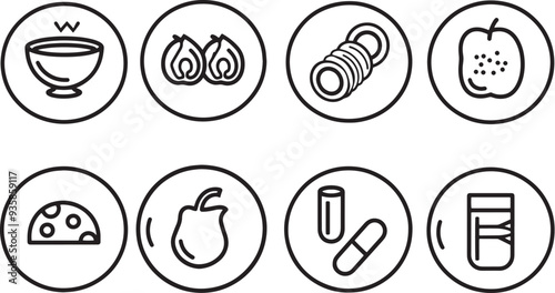 A minimalist vector icon set featuring a plate with portion control, water intake, macronutrients, and dietary supplements