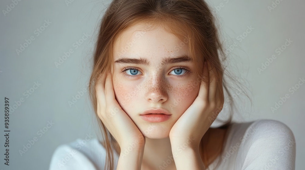 Beautiful Young Woman with Blue Eyes and Freckles - A young woman with freckles and blue eyes rests her head on her hands, symbolizing innocence, vulnerability, beauty, youthfulness, and serenity. Beautiful Young Woman with Blue Eyes and Freckles - A young woman with freckles and blue eyes rests her head on her hands, symbolizing innocence, vulnerability, beauty, youthfulness, and serenity.
