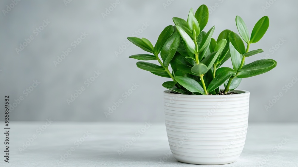 A vibrant Cacti Zamioculcas plant sits elegantly in a white ceramic pot, contributing to the modern, minimalist decor of a home office with a stylish gray backdrop A vibrant Cacti Zamioculcas plant sits elegantly in a white ceramic pot, contributing to the modern, minimalist decor of a home office with a stylish gray backdrop