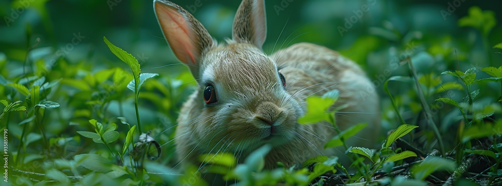 Close-up of a Curious Rabbit in Lush Green Foliage Close-up of a Curious Rabbit in Lush Green Foliage