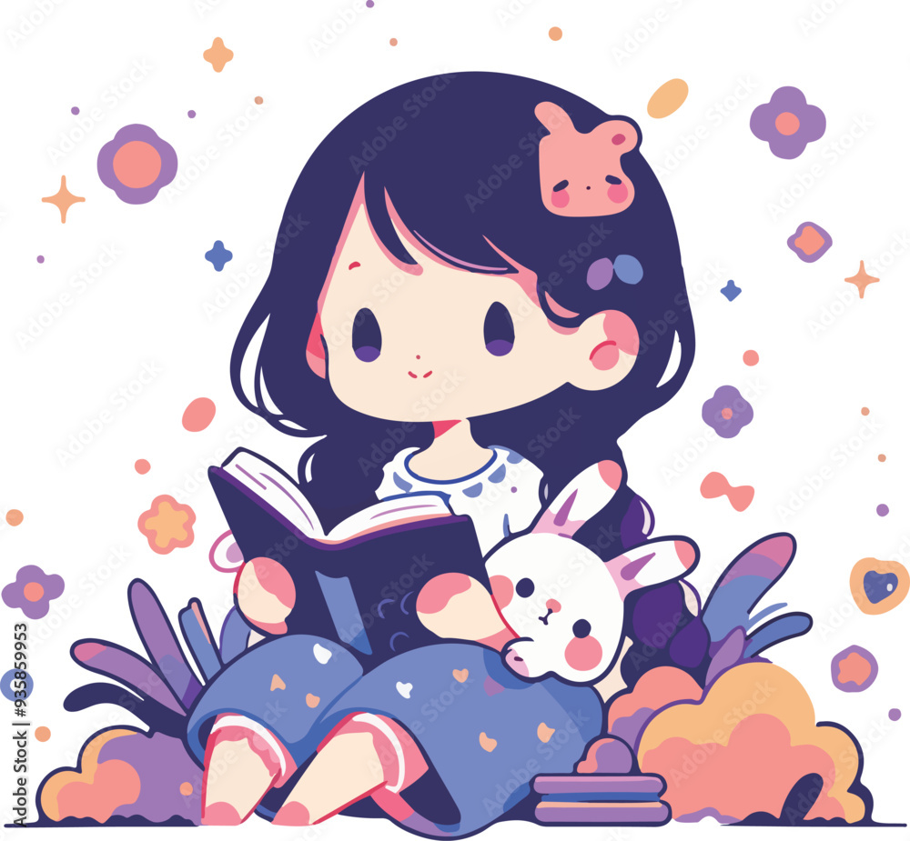 Adorable Girl Reading with Bunny Adorable Girl Reading with Bunny