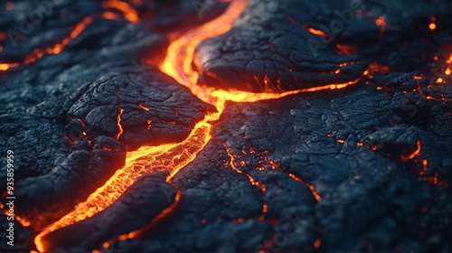 Close-up image showing the molten lava cracks and spread, glowing intensely with heat and light, focusing on the raw and powerful energy of volcanic activity and natural geological processes.