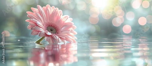 Close up of a pink Gerbera flower in soft focus with a bokeh water background. Copy space image. Place for adding text and design photo