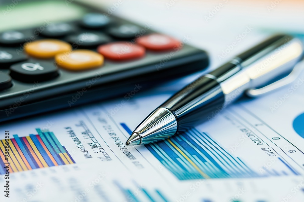 Close-up shot of a pen and a calculator placed on financial data sheets with colorful graphs and charts. Close-up shot of a pen and a calculator placed on financial data sheets with colorful graphs and charts.