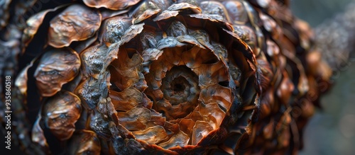 A biological instance of Fibonacci spirals observed in a pine cone with open scales. Copy space image. Place for adding text and design photo