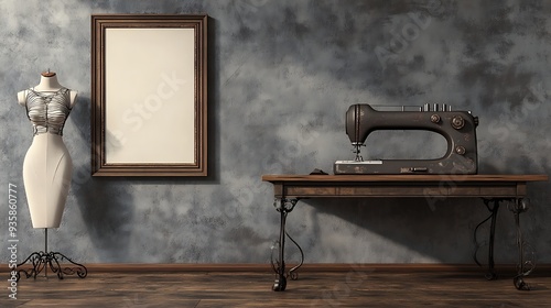 Vintage sewing machine, mannequin and picture frame on a rustic table.