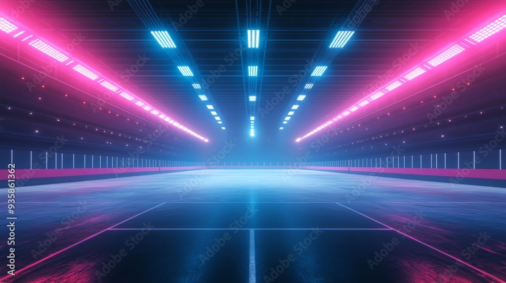 This ice hockey rink has a reflective surface and vibrant lighting This ice hockey rink has a reflective surface and vibrant lighting