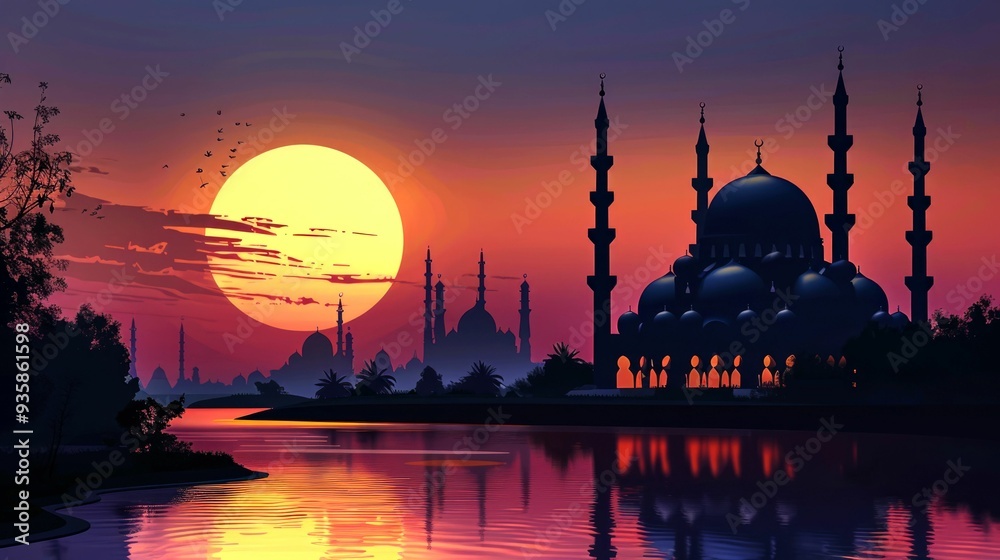 Naklejka premium Silhouetted Mosque at Sunset with a Large Orange Sun