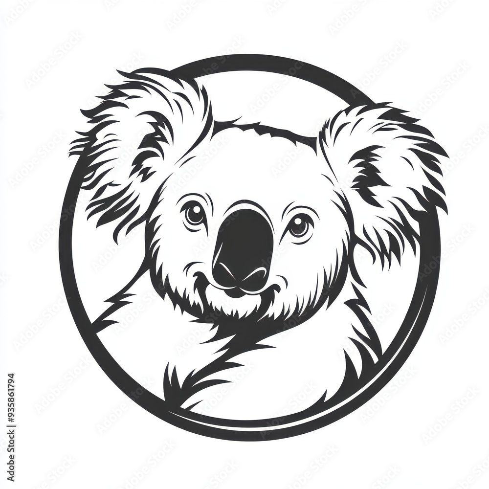 Obraz premium Black and white flat vector art illustration of a koala in a circular stamp logo style, svg design, isolated on white background, simple vector art design