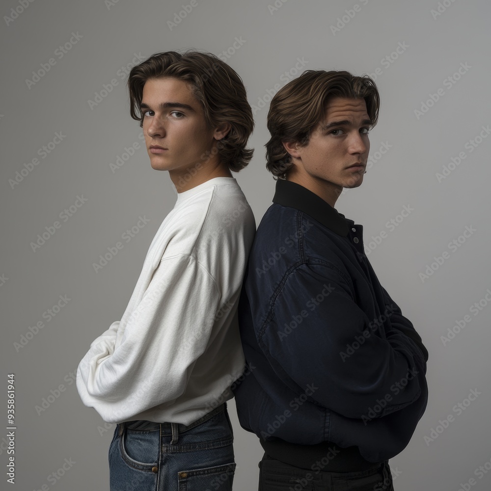 White background of two content creators in the studio discussing something White background of two content creators in the studio discussing something