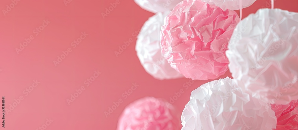 A frame constructed from tissue paper balls against a pink background Monochrome theme with copy space A frame constructed from tissue paper balls against a pink background Monochrome theme with copy space