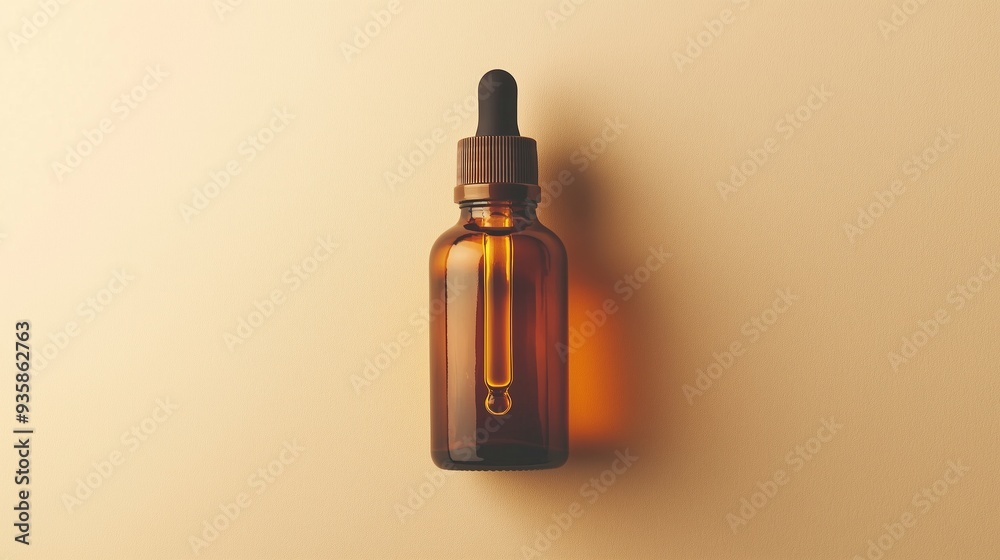 A brown glass bottle with an amber dropper for skin care on beige background. A brown glass bottle with an amber dropper for skin care on beige background.