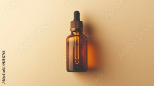 A brown glass bottle with an amber dropper for skin care on beige background.