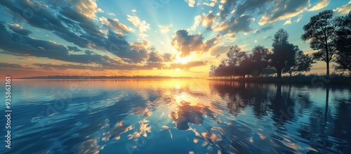 Sunset at the lake is beautiful with trees mirrored in the calm river water beneath a vibrant blue sky with copy space Trees and clouds are reflected on the smooth water surface Blue lake and shoreli photo