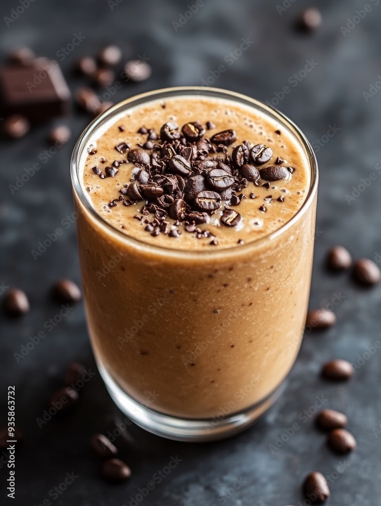 A Gleaming Glass Cup Filled with Aromatic Coffee Beans and a Freshly Brewed Mocha A Gleaming Glass Cup Filled with Aromatic Coffee Beans and a Freshly Brewed Mocha