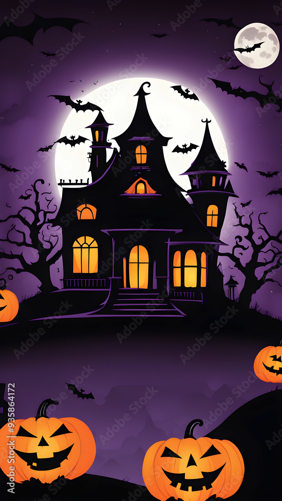 Fototapeta premium Spooky Halloween Scene with Haunted House and Glowing Pumpkins
