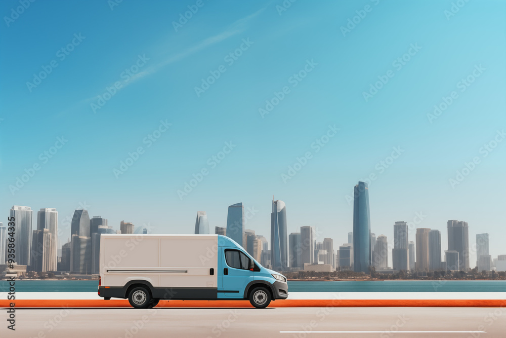 Image of a business van standing on a platform against the background of a big city and tall buildings. Image of a business van standing on a platform against the background of a big city and tall buildings.