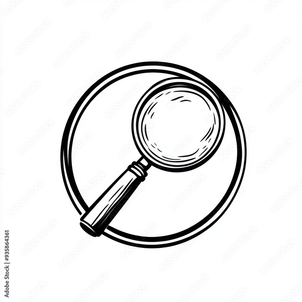 Black and white flat vector art illustration of a magnifying glass in a ...