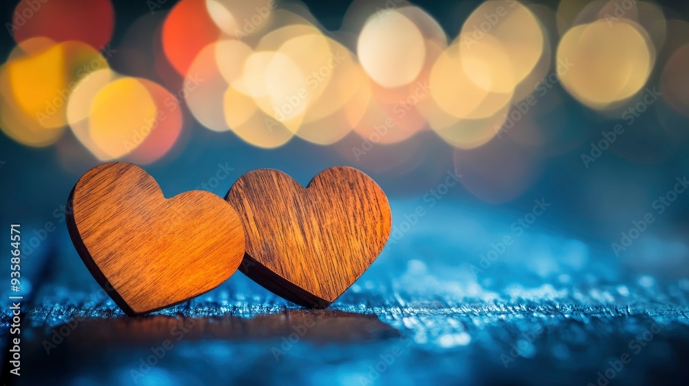 Fototapeta premium Two Wooden Hearts On Rustic Table With Colorful Heart Shaped Bokeh - Valentine's Day Concept with generative ai