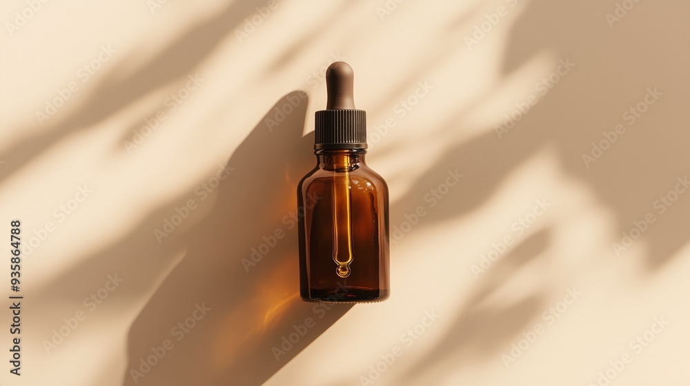 Naklejka premium A brown glass bottle with an amber dropper for skin care on beige background.