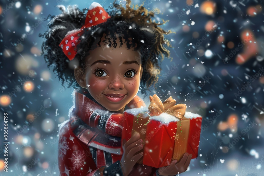 Adorable Black skin girl with a Christmas gift, holiday spirit, joyful festive mood... Adorable Black skin girl with a Christmas gift, holiday spirit, joyful festive mood...