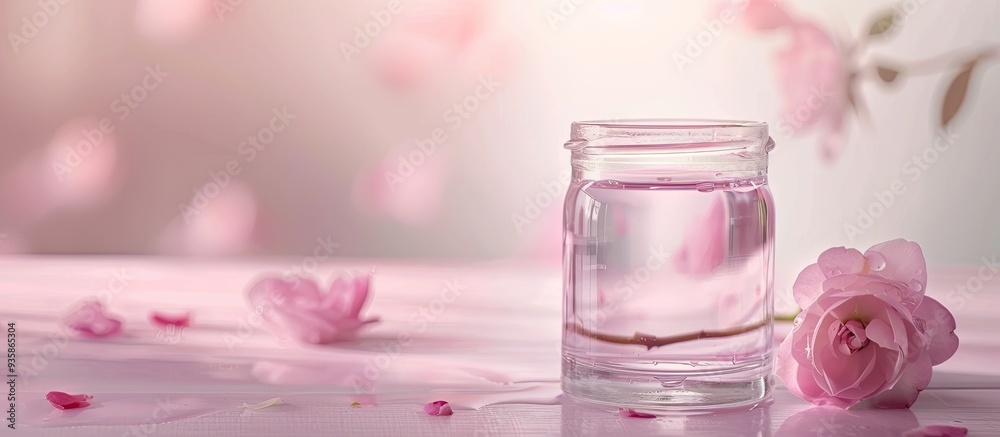 Glass jar containing rose water for use in spa and aromatherapy copy space for text Selective focus Glass jar containing rose water for use in spa and aromatherapy copy space for text Selective focus
