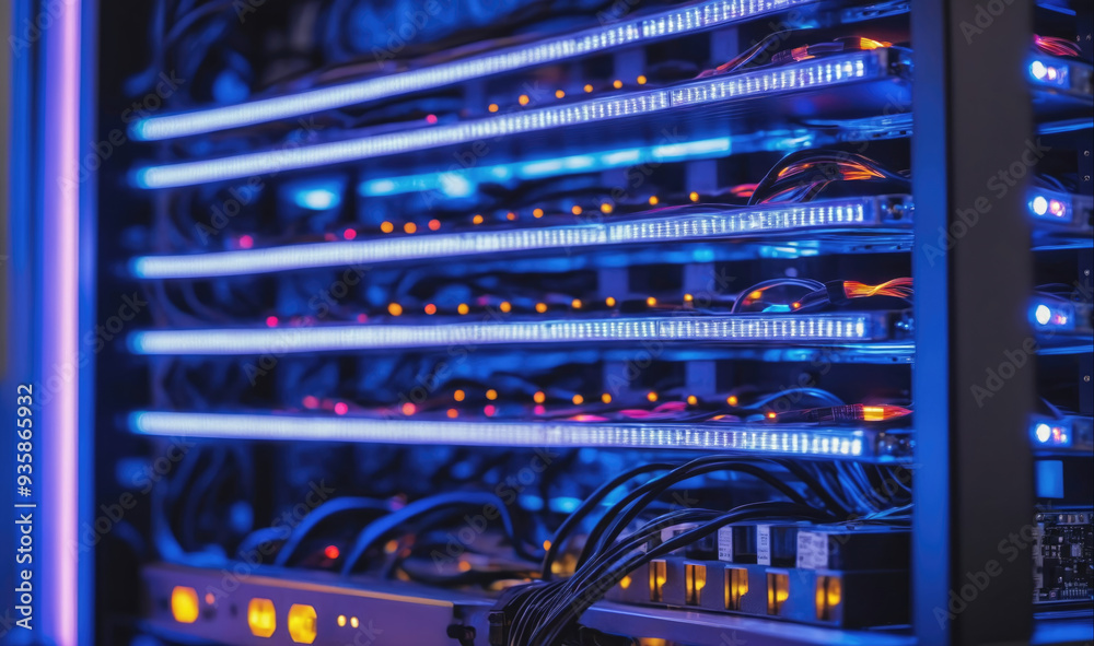 A server rack with blue and orange lights illuminates a network of wires and hardware A server rack with blue and orange lights illuminates a network of wires and hardware