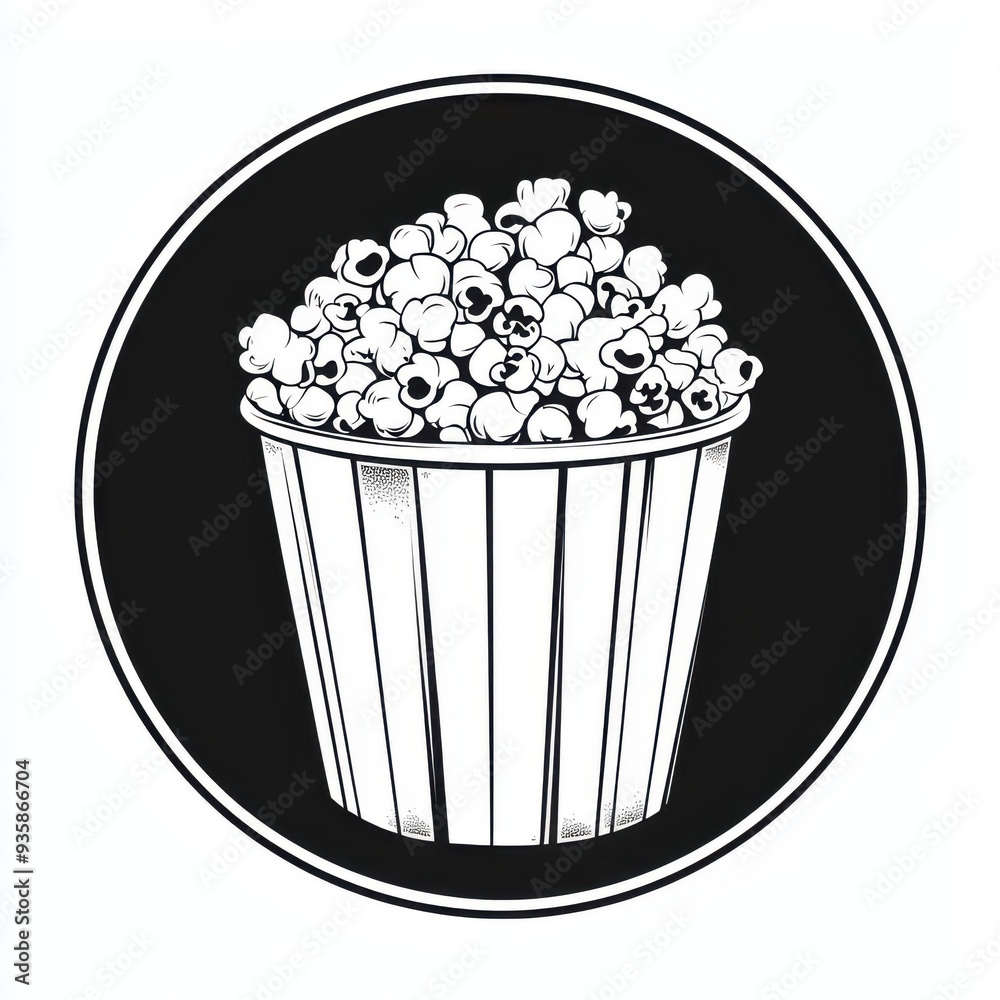 Black and white flat vector art illustration of a popcorn bucket in a circular stamp logo style, svg design, isolated on white background, simple vector art design Black and white flat vector art illustration of a popcorn bucket in a circular stamp logo style, svg design, isolated on white background, simple vector art design