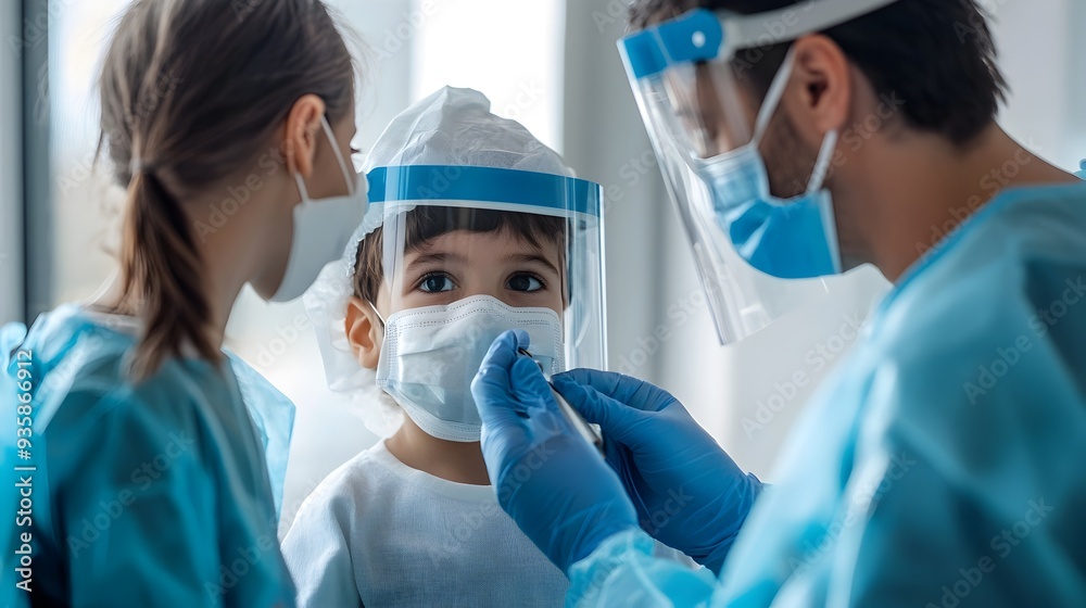 Healthcare worker closely examining a child with symptoms of hand foot and mouth disease focusing on the medical interaction and providing educational information about the illness its causes