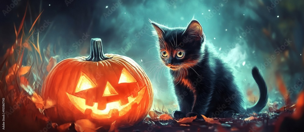 Fototapeta premium Haunting Halloween Pumpkins and Panther Cubs