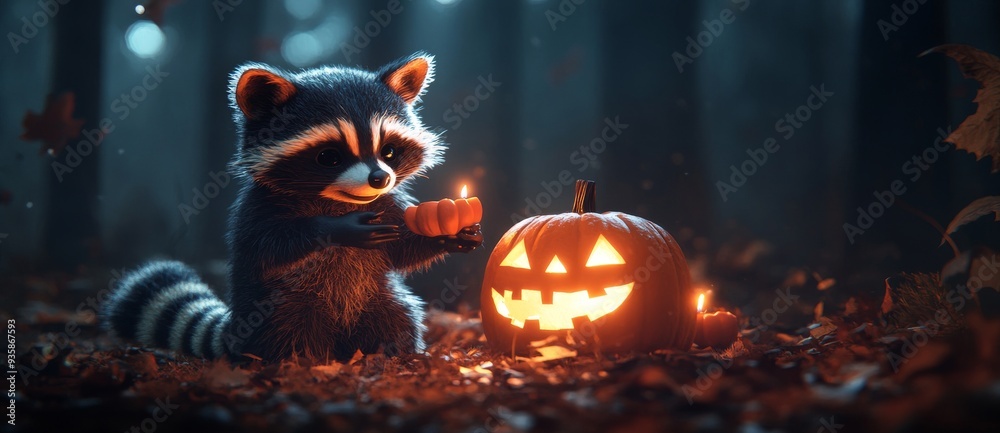 This haunting Halloween pumpkin is joined by an eerie zombie raccoon in a spookily disturbing nighttime scene This haunting Halloween pumpkin is joined by an eerie zombie raccoon in a spookily disturbing nighttime scene