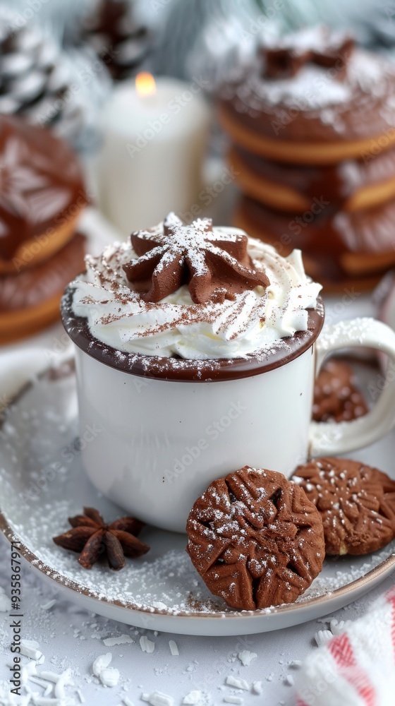 Festive hot chocolate with a snowflake cookie and Christmas decorations. Perfect for cozy winter mornings and holiday gatherings. Festive hot chocolate with a snowflake cookie and Christmas decorations. Perfect for cozy winter mornings and holiday gatherings.