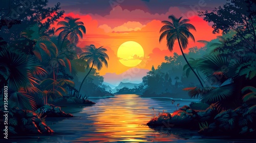 Tropical Sunset Over a Calm River with Palm Trees and Lush Foliage