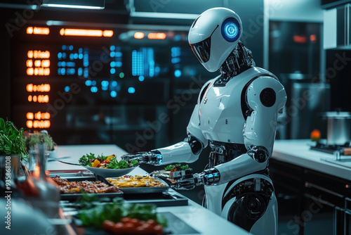 White robot is carefully arranging food on plates in a modern, futuristic kitchen setting. The image evokes innovation, automation and the future of the culinary world