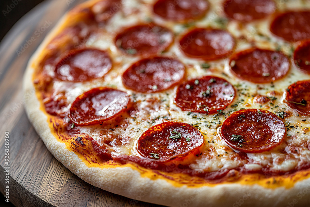 Close up of a pepperoni pizza on a wooden board. Close up of a pepperoni pizza on a wooden board.