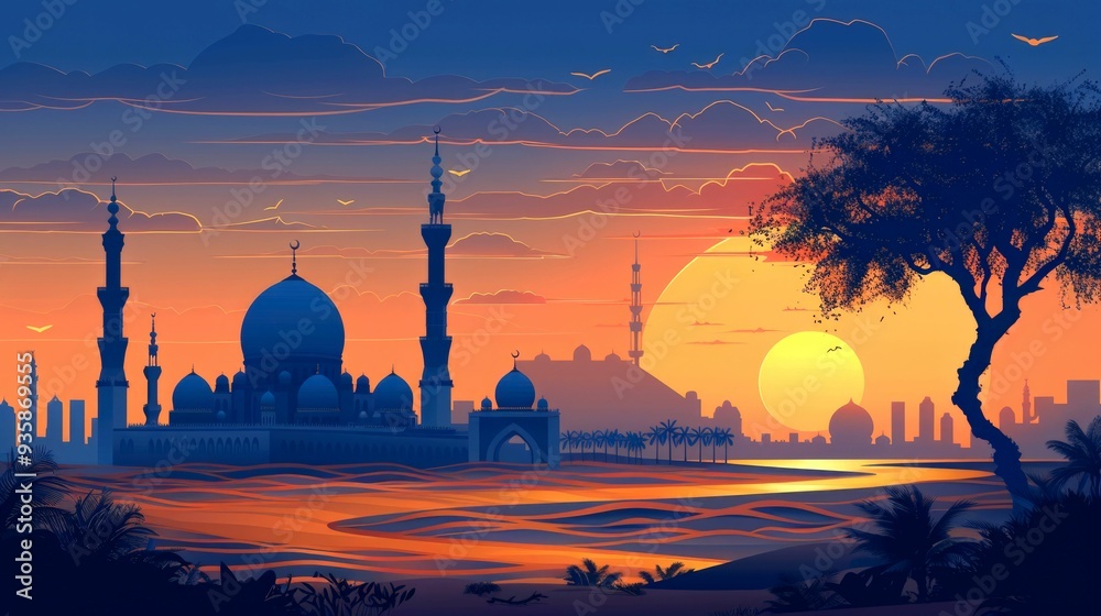 Fototapeta premium Silhouette of a Mosque at Sunset in the Desert