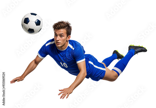 Obraz na płótnie Pro soccer player doing a leap header jump on a ball, isolated background w salonie