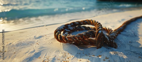 rusty anchored rope on a beach with white sand. Copy space image. Place for adding text and design photo