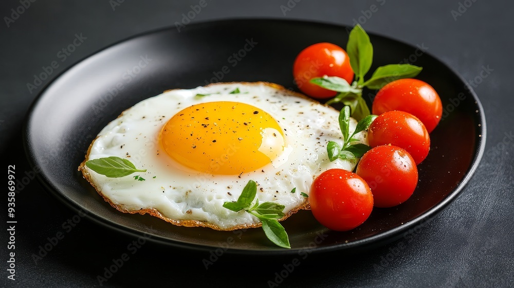 Delicious Fried Egg with Cherry Tomatoes and Basil - A perfectly cooked fried egg with a runny yolk, surrounded by fresh cherry tomatoes and basil leaves. This simple yet satisfying breakfast symboliz Delicious Fried Egg with Cherry Tomatoes and Basil - A perfectly cooked fried egg with a runny yolk, surrounded by fresh cherry tomatoes and basil leaves. This simple yet satisfying breakfast symboliz