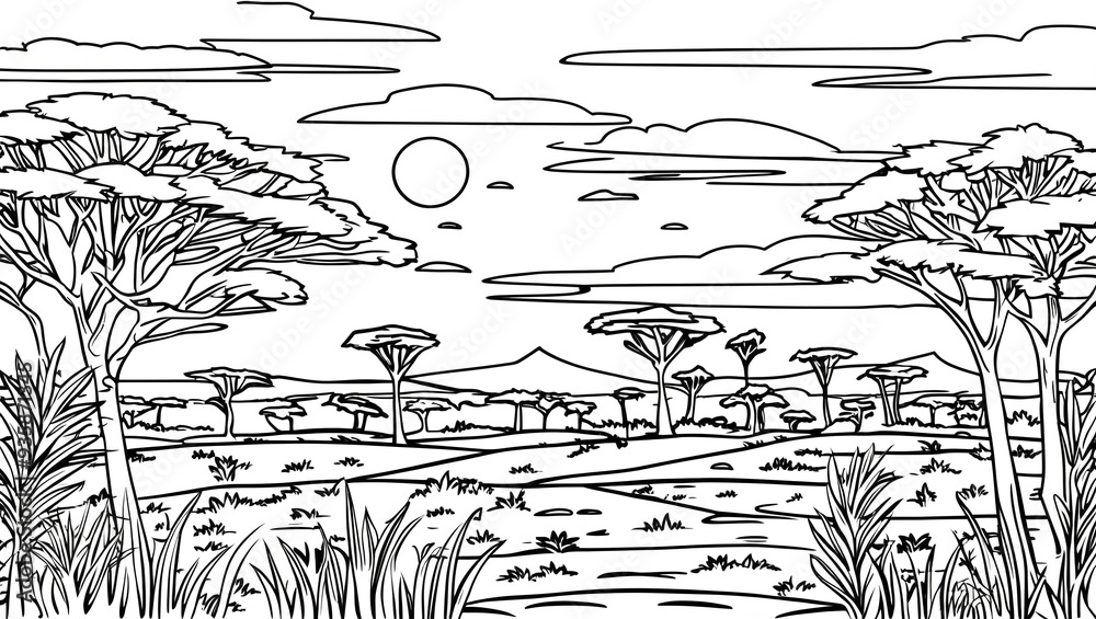 Obraz premium Savannah scene with unique trees and hills invites creativity in coloring book page