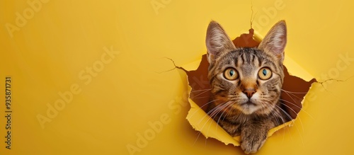 The cat peers through a hole in the studio s yellow backdrop The pet looks through a ripped paper background copy space photo