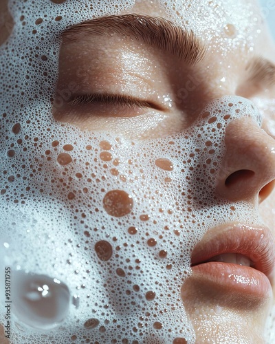 Beautiful woman's face covered in cleansing foam. Beauty and cosmetics concept. Generative Ai