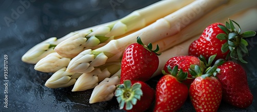 Strawberries and white asparagus arranged with a space to write on. Copy space image. Place for adding text and design