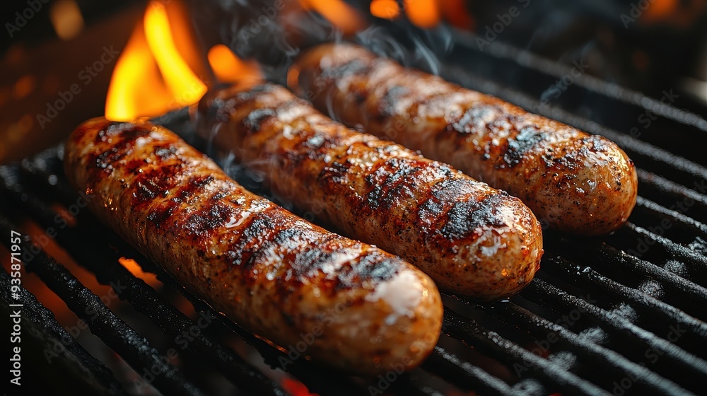 Fototapeta premium Cinematic Close-Up of Grilled Sausages on a Barbecue with Flames – High-Resolution Food Photography with Intense Detail and Flavor