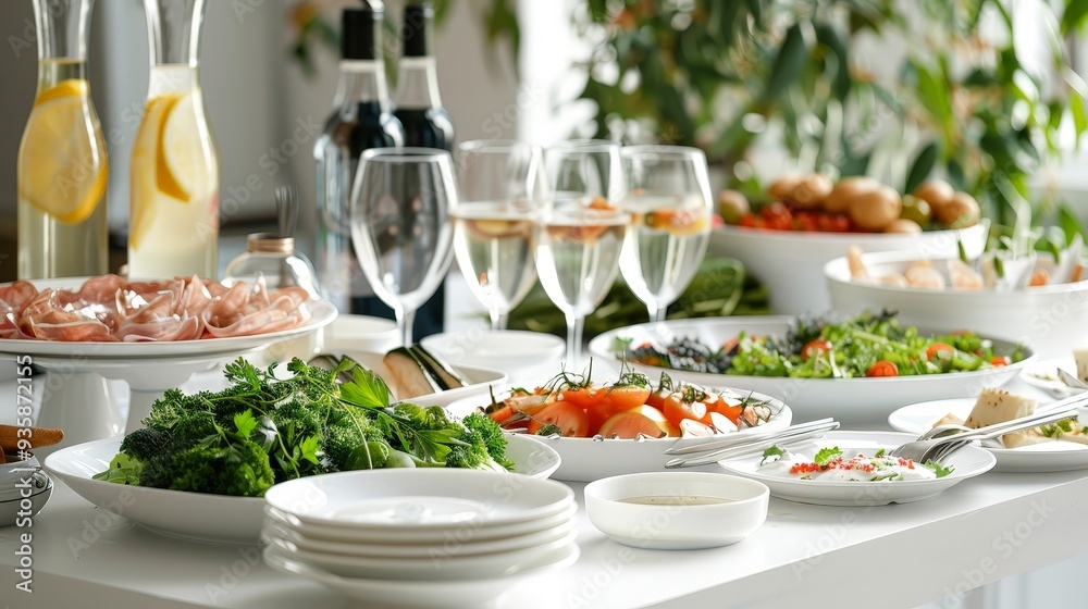 white buffet table set up for a party, with a variety of dishes and beverages, ready to serve guests. white buffet table set up for a party, with a variety of dishes and beverages, ready to serve guests.