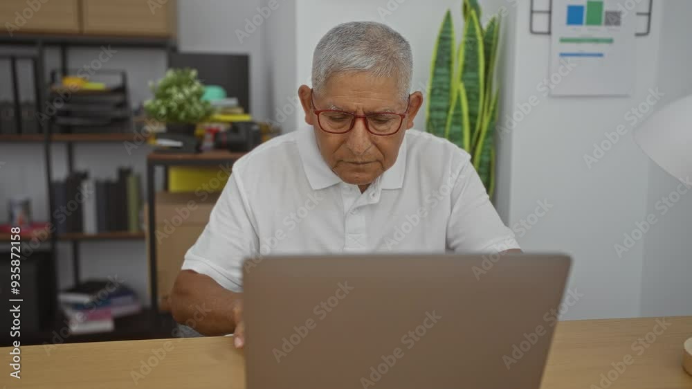 A grey-haired hispanic man works diligently on his laptop in a modern office, surrounded by plants, shelves, and a productivity chart on the wall. A grey-haired hispanic man works diligently on his laptop in a modern office, surrounded by plants, shelves, and a productivity chart on the wall.