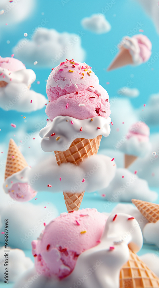 Seamless pattern of pink ice cream cones floating among clouds in a bright blue sky. Whimsical and sweet dessert dream. Seamless pattern of pink ice cream cones floating among clouds in a bright blue sky. Whimsical and sweet dessert dream.
